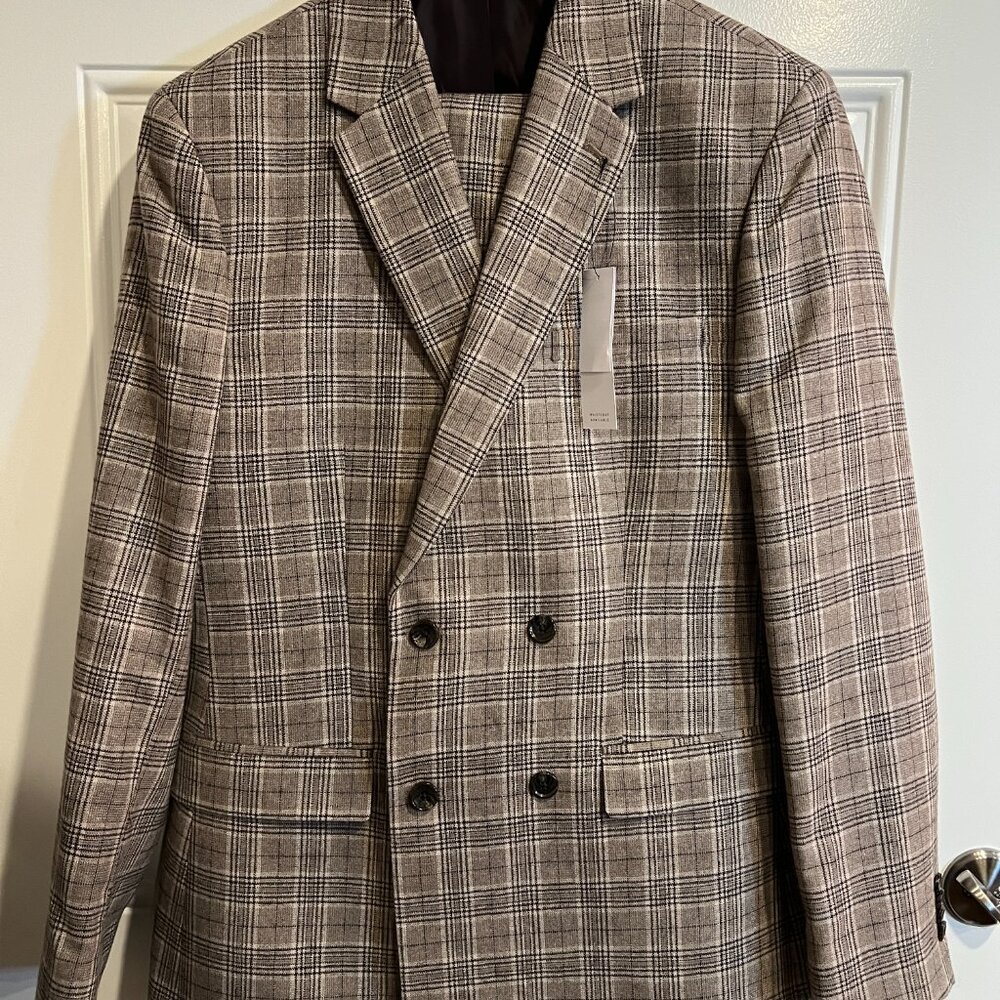 NWT Topman Double Breasted Taupe Plaid Suit, Men's 40R